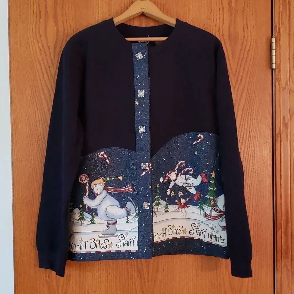 Sonoma Holiday Polar Bears Button Down Cardigan "Peppermint Bites Starry Nights
